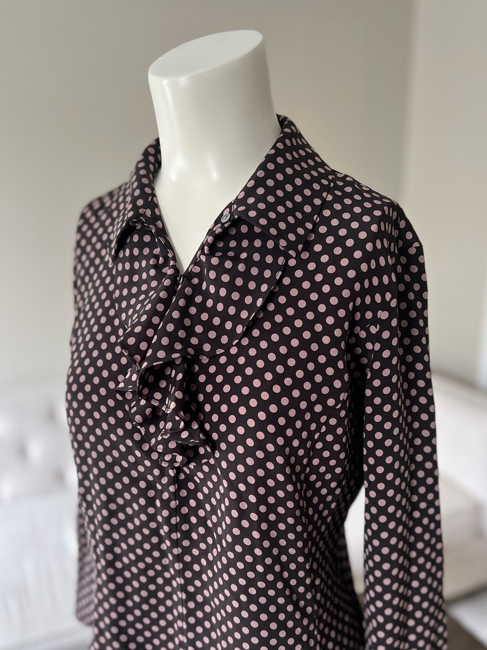 The Limited 100% Silk Ruffle Blouse Espresso Brown Blush Polka Dots